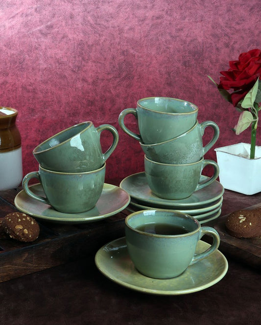 Green Colored Ceramic Cup Saucer Set | Set Of 12 Pcs