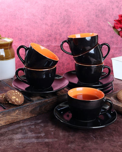 Black Colored Ceramic Cup Saucer Set | Set Of 12 Pcs