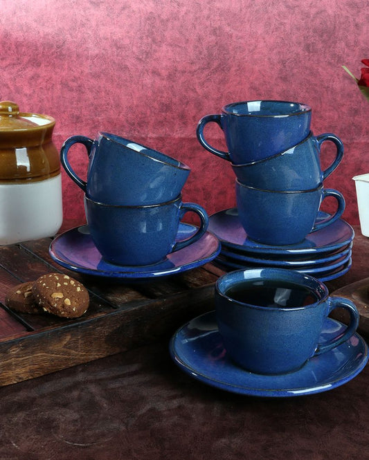 Simo Blue Colored Ceramic Cup Saucer Set | Set Of 12 Pcs