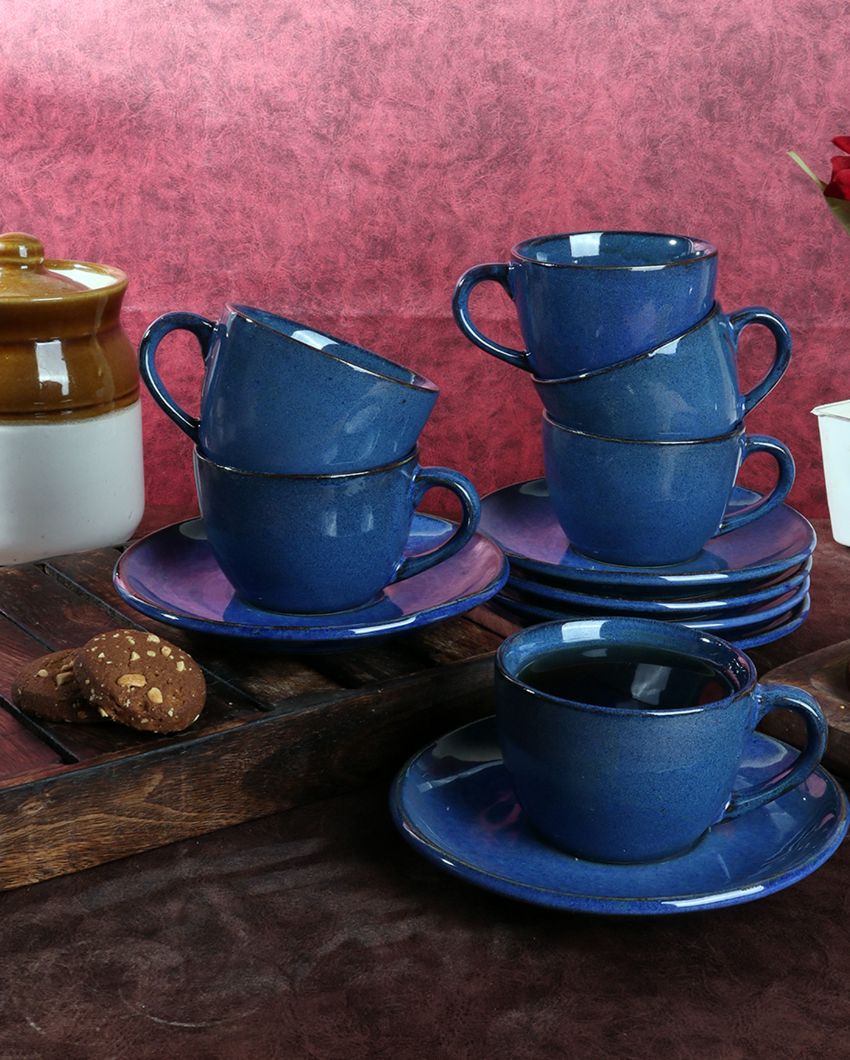 Simo Blue Colored Ceramic Cup Saucer Set | Set Of 12 Pcs