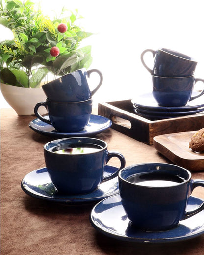 Simo Blue Colored Ceramic Cup Saucer Set | Set Of 12 Pcs