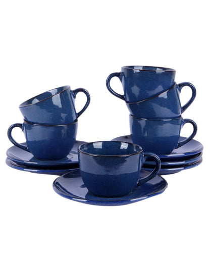 Simo Blue Colored Ceramic Cup Saucer Set | Set Of 12 Pcs