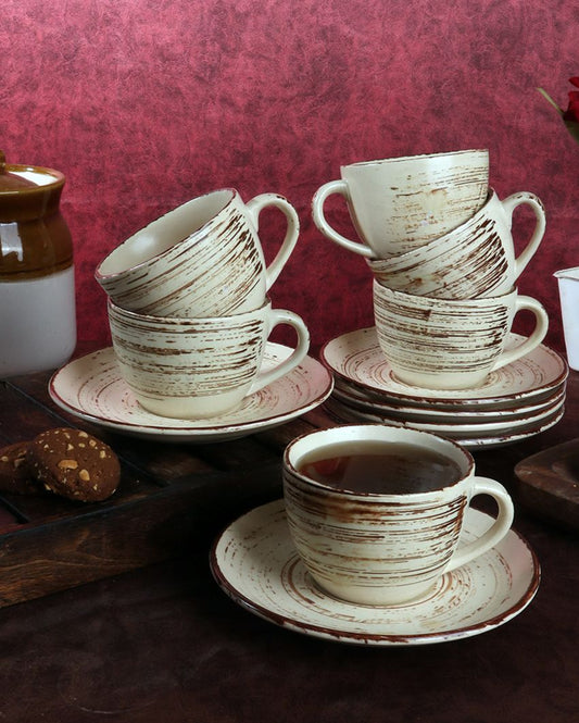 Cream Colored Brown Lined Ceramic Cup Saucer Set | Set Of 12