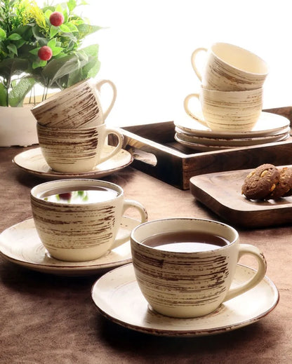 Cream Colored Brown Lined Ceramic Cup Saucer Set | Set Of 12