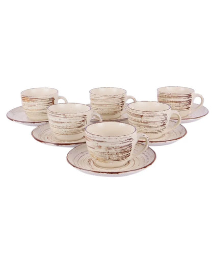 Cream Colored Brown Lined Ceramic Cup Saucer Set | Set Of 12