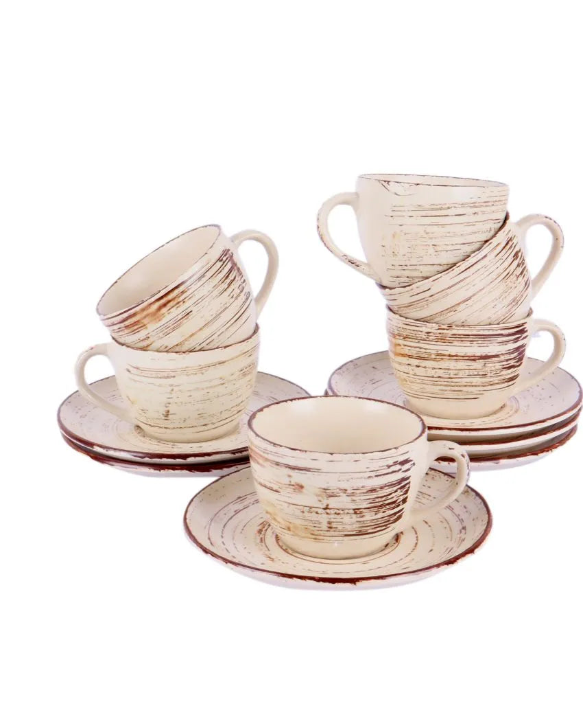 Cream Colored Brown Lined Ceramic Cup Saucer Set | Set Of 12