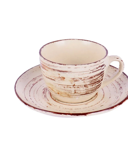 Cream Colored Brown Lined Ceramic Cup Saucer Set | Set Of 12