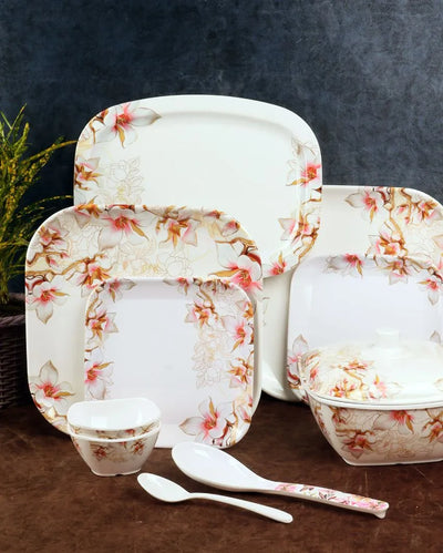 Square White Orange Floral Melamine Double Coated Dinner Set | Set Of 40 Pcs