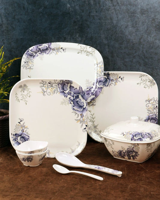 Square White Blue Floral Melamine Double Coated Dinner Set | Set Of 40 Pcs