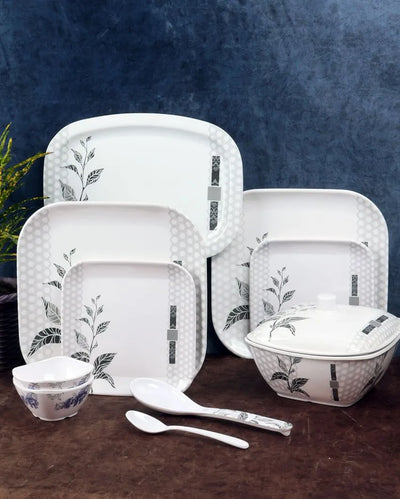 Square White Black Floral Melamine Double Coated Dinner Set | Set Of 40 Pcs