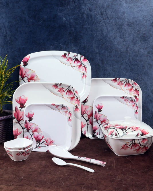 Square White Pink Floral Melamine Double Coated Dinner Set | Set Of 40 Pcs