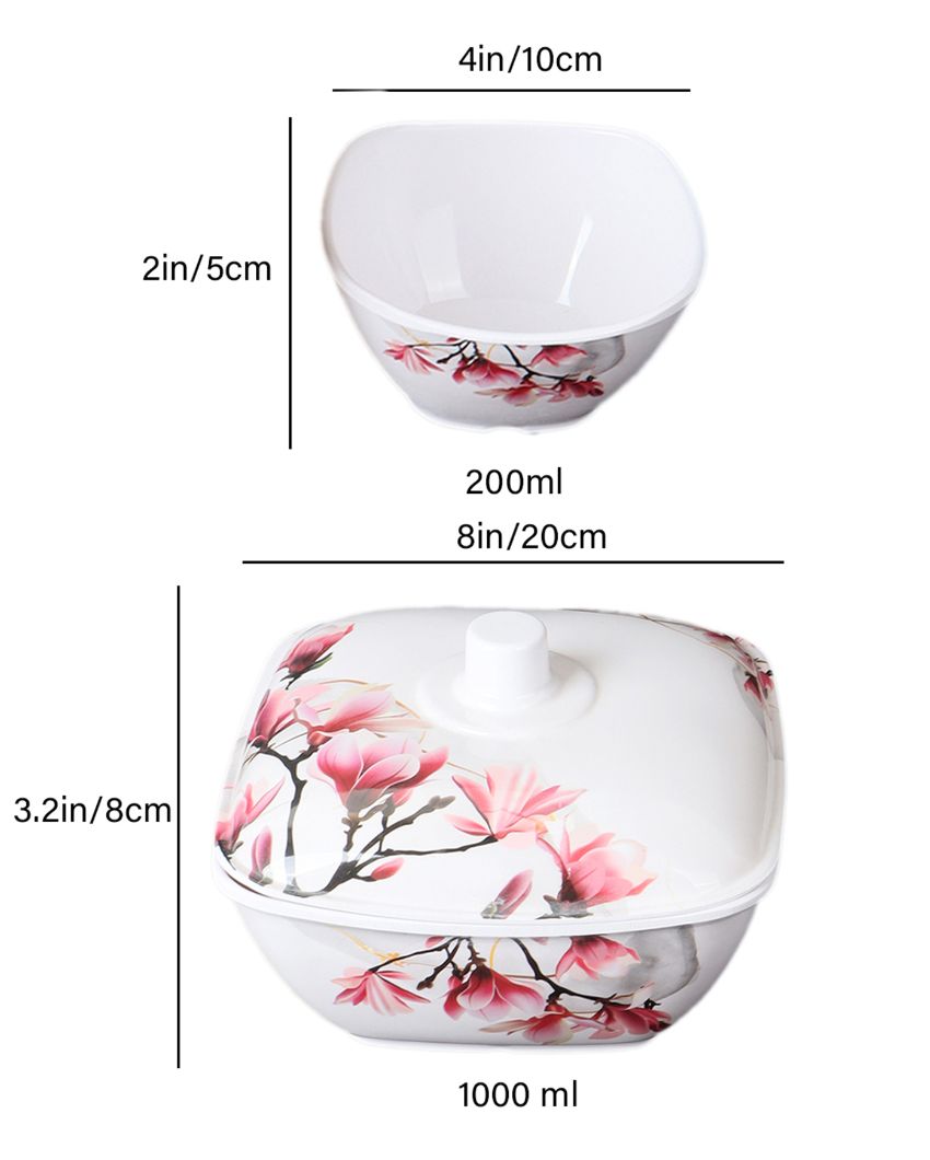 Square White Pink Floral Melamine Double Coated Dinner Set | Set Of 40 Pcs