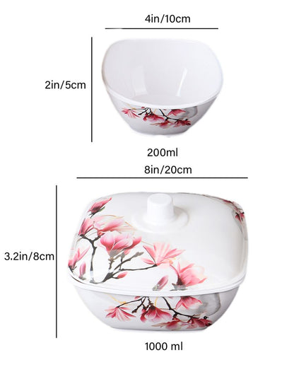 Square White Pink Floral Melamine Double Coated Dinner Set | Set Of 40 Pcs