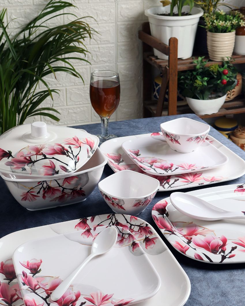 Square White Pink Floral Melamine Double Coated Dinner Set | Set Of 40 Pcs