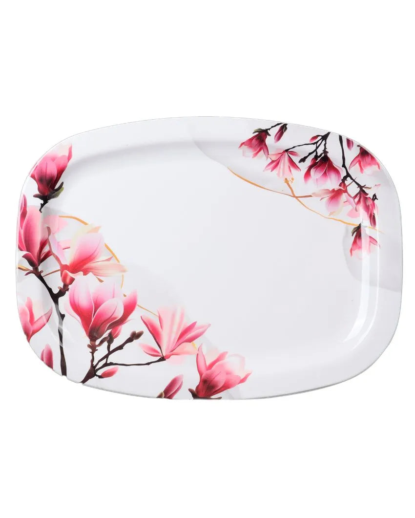 Square White Pink Floral Melamine Double Coated Dinner Set | Set Of 40 Pcs