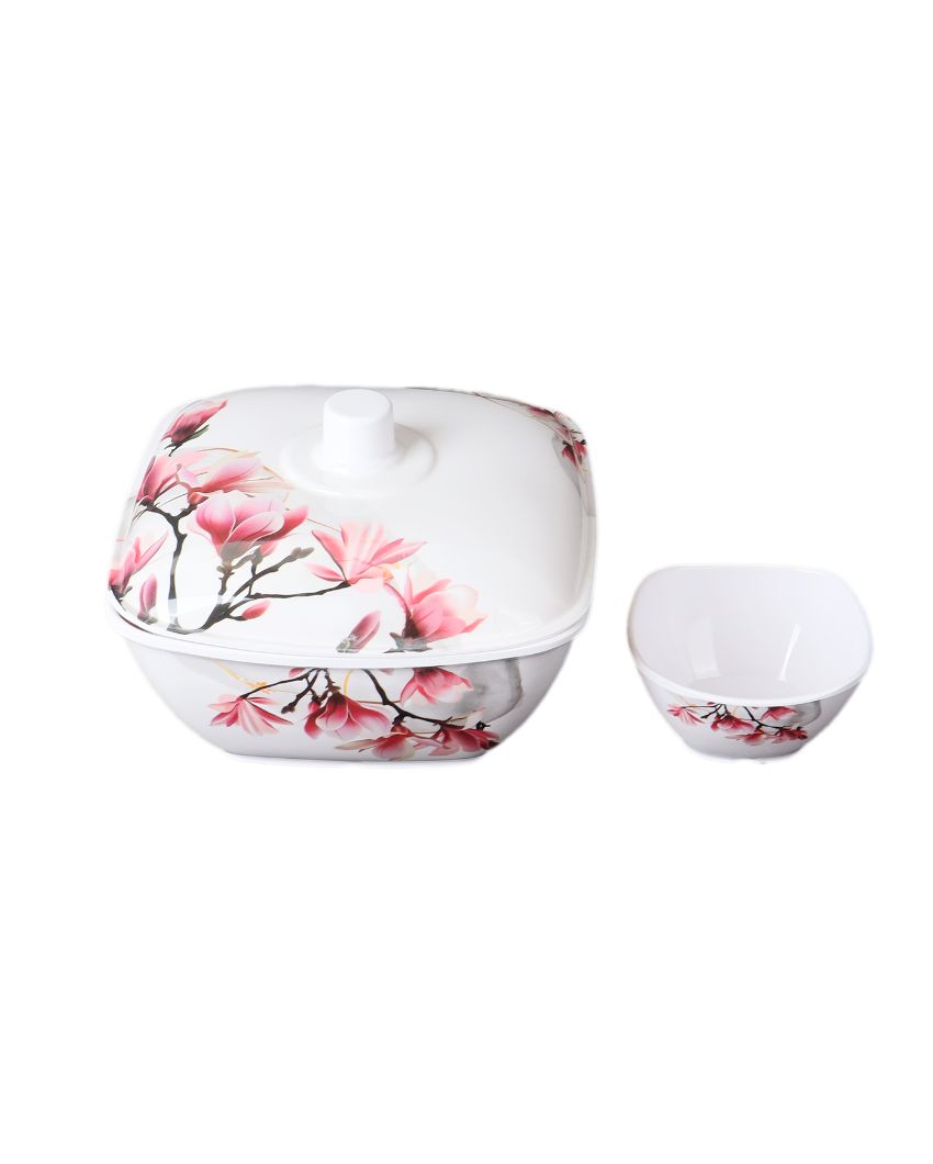 Square White Pink Floral Melamine Double Coated Dinner Set | Set Of 40 Pcs