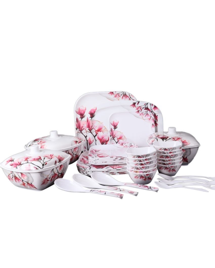 Square White Pink Floral Melamine Double Coated Dinner Set | Set Of 40 Pcs