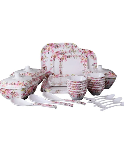 Square White Pink Floral Melamine Double Coated Dinner Set | Set Of 40 Pcs