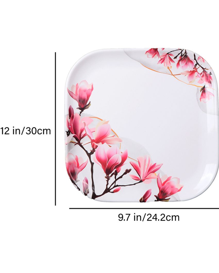 Square White Pink Floral Melamine Double Coated Dinner Set | Set Of 40 Pcs