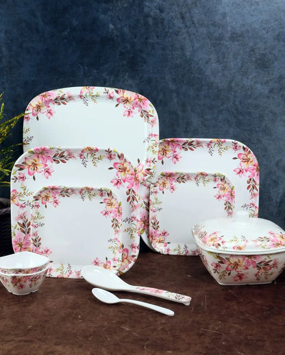 Square Brown Pink Floral Melamine Double Coated Dinner Set | Set Of 40 Pcs