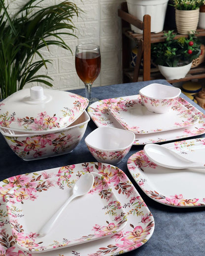 Square Brown Pink Floral Melamine Double Coated Dinner Set | Set Of 40 Pcs