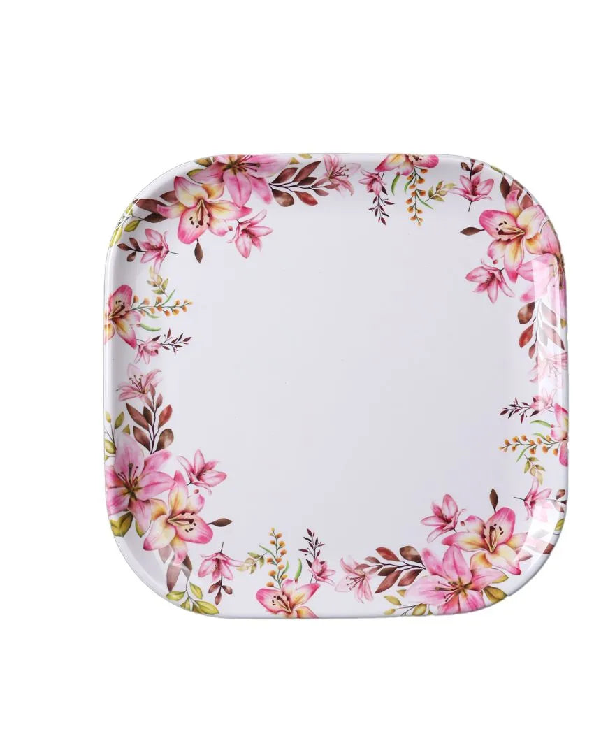 Square Brown Pink Floral Melamine Double Coated Dinner Set | Set Of 40 Pcs