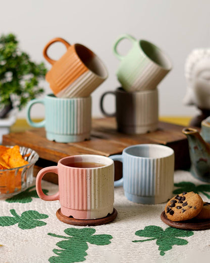 Dholak Lined Shaped Ceramic Tea Coffee Mugs | Set of 6 | 150 ml