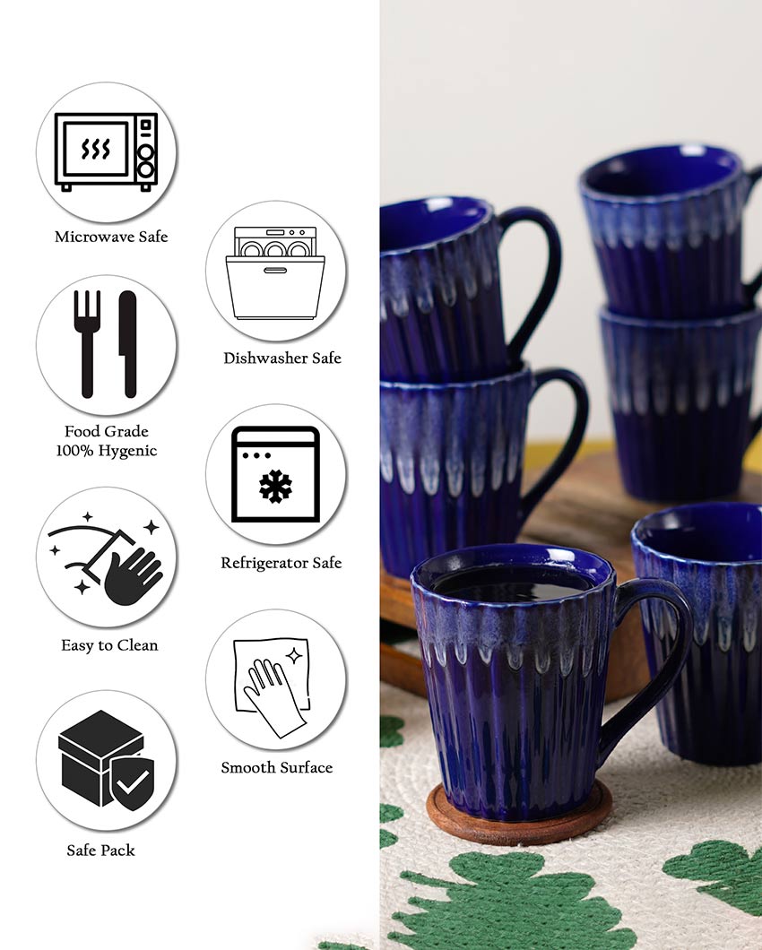 Blue Karela Shaped Lined Coffee Milk Ceramic Mugs | Set OF 6 | 300 ml