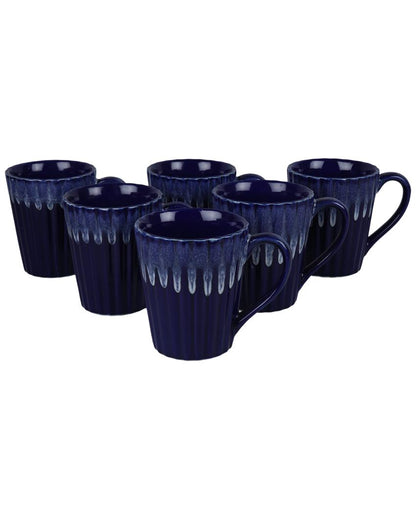 Blue Karela Shaped Lined Coffee Milk Ceramic Mugs | Set OF 6 | 300 ml