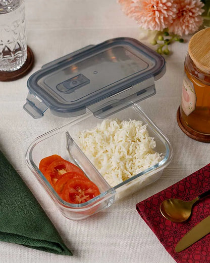 Rectangular Shaped 2 Partition Glass Lunch Box | 630 ml