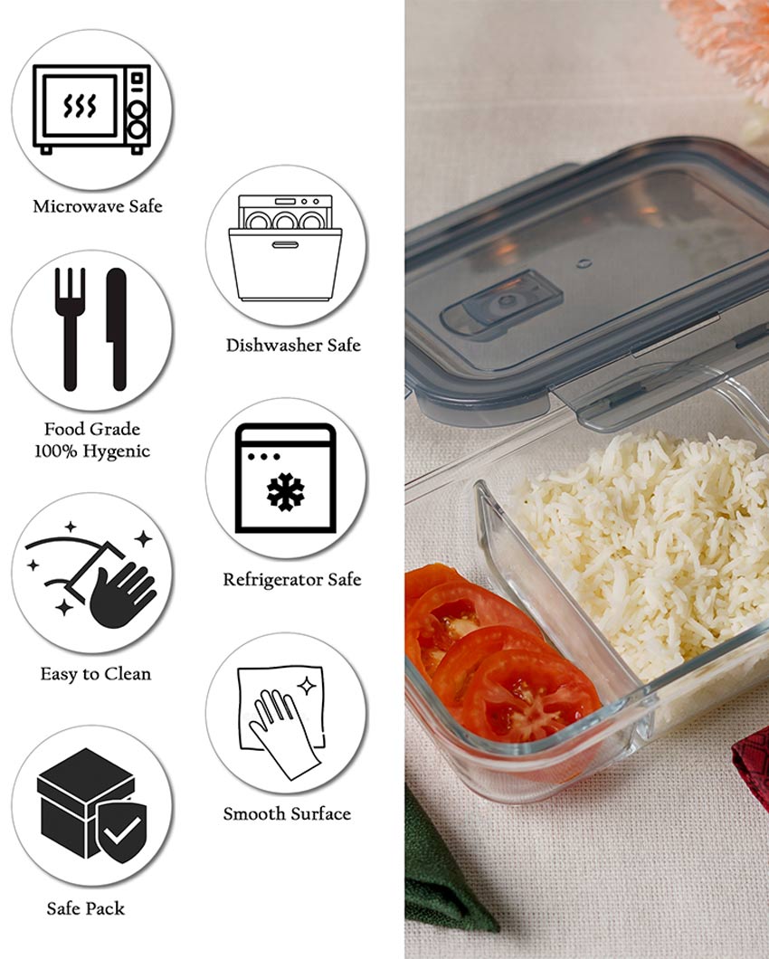 Rectangular Shaped 2 Partition Glass Lunch Box | 630 ml