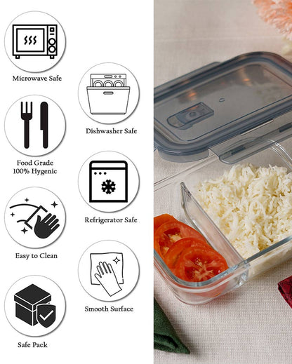 Rectangular Shaped 2 Partition Glass Lunch Box | 630 ml