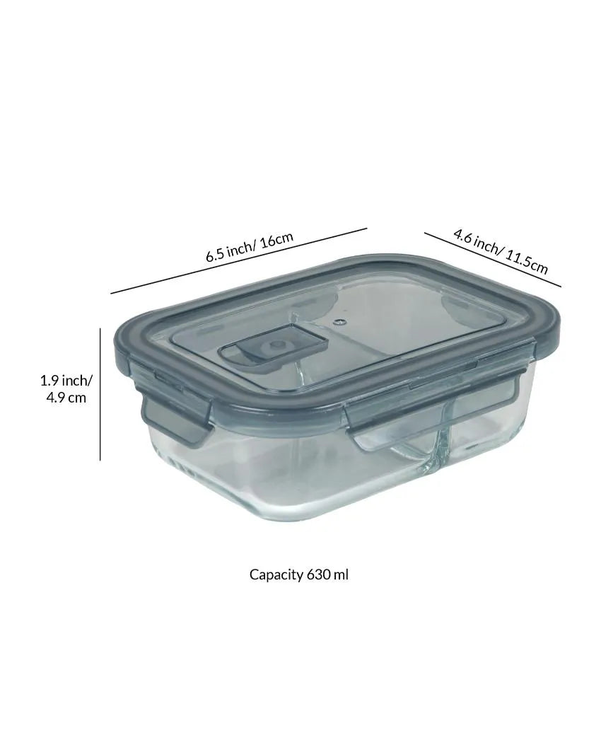 Rectangular Shaped 2 Partition Glass Lunch Box | 630 ml