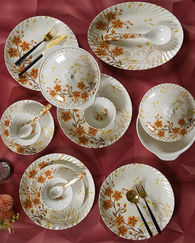 White Red Floral Square Melamine Dinner | Set of 41 Pcs