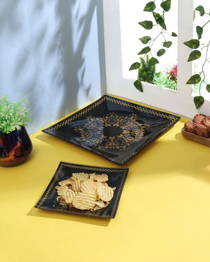 Black & Yellow Printed Glass Glossy Plates | Set of 7