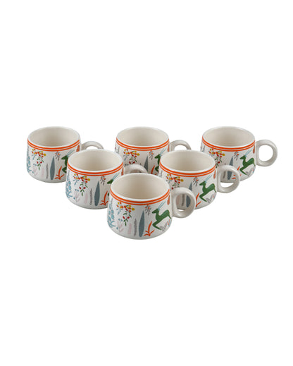Everyday White Printed Ceramic Cups | Set of 6 | 100ml