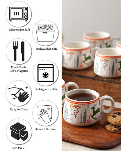 Everyday White Printed Ceramic Cups | Set of 6 | 100ml