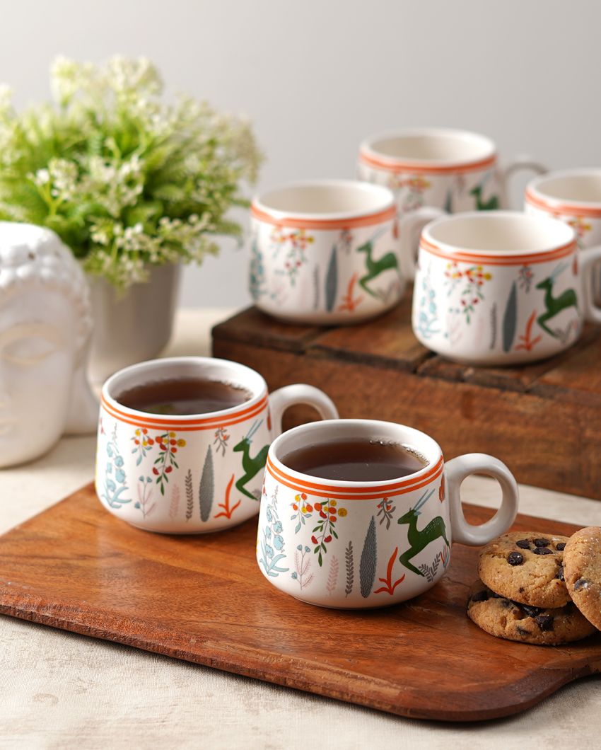 Everyday White Printed Ceramic Cups | Set of 6 | 100ml