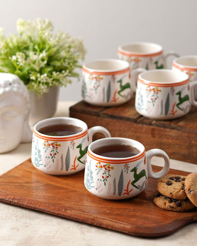 Everyday White Printed Ceramic Cups | Set of 6 | 100ml
