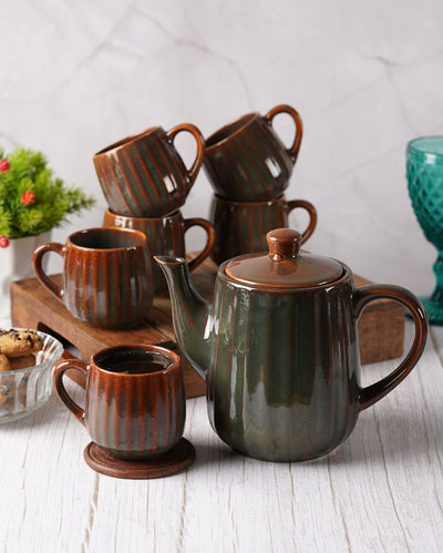 Ceramic Brown colored Lined Tea Kettle Set | Pack of 7