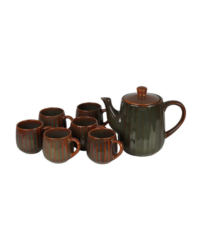 Ceramic Brown colored Lined Tea Kettle Set | Pack of 7