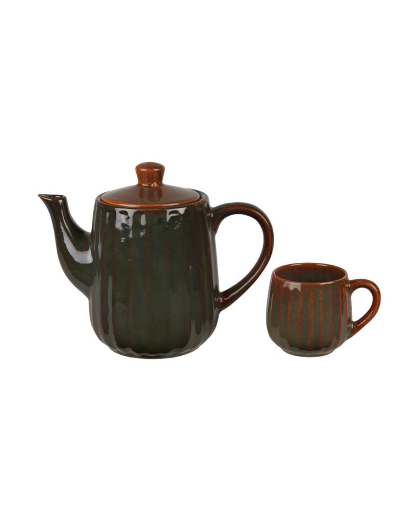 Ceramic Brown colored Lined Tea Kettle Set | Pack of 7