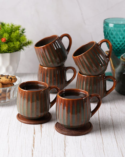 Ceramic Brown Colored Lined Tea Cups | Set of 6 | 180ml