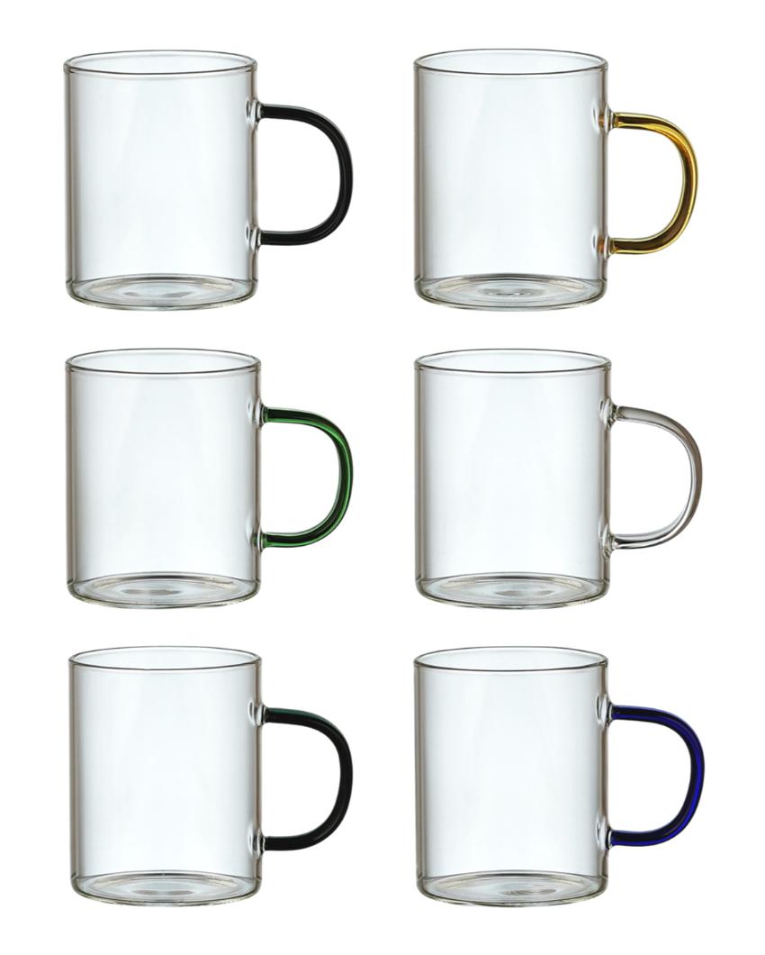 Glass Transparent Tea Cups With Colored Handles | Set of 6 | 250ml