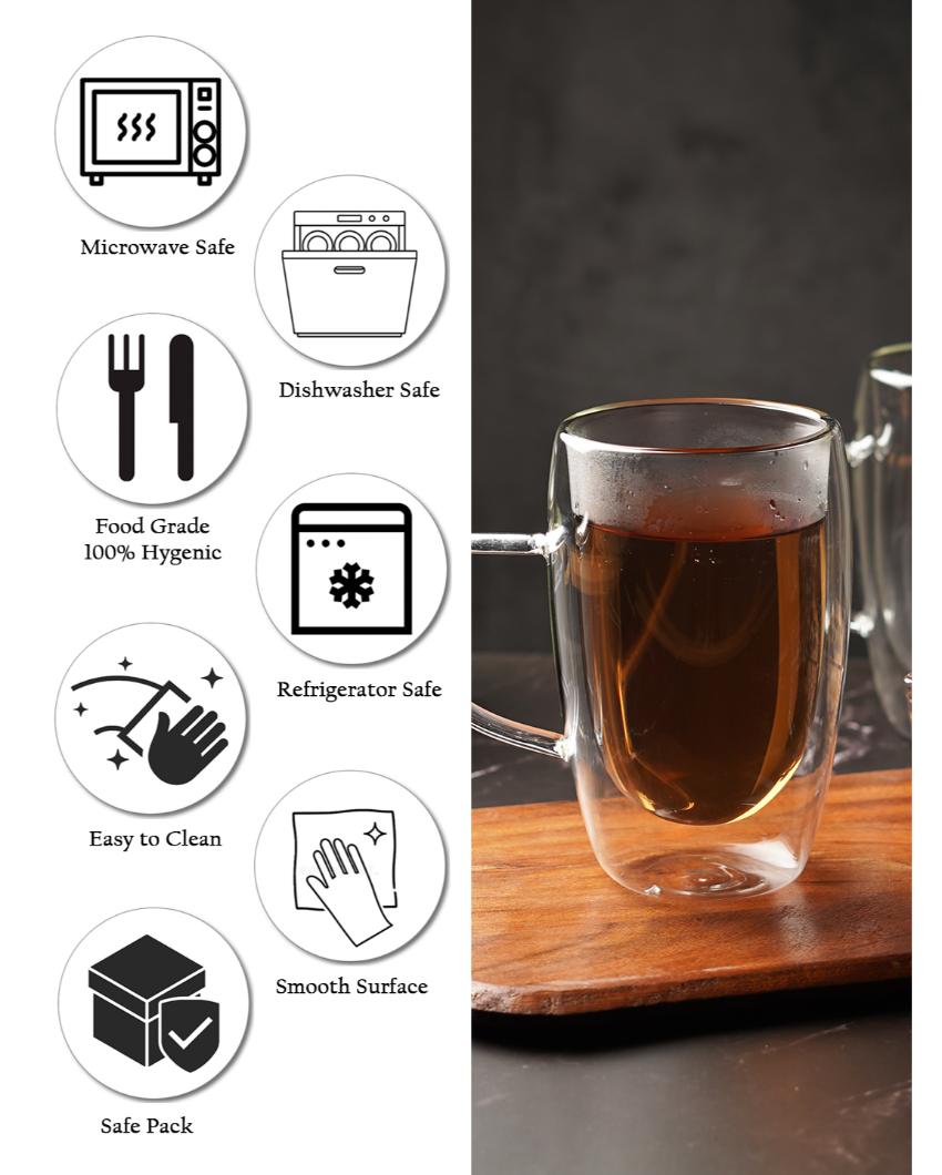 Premium Double Wall Transparent Glass Mugs | Set of 2 | 450ml