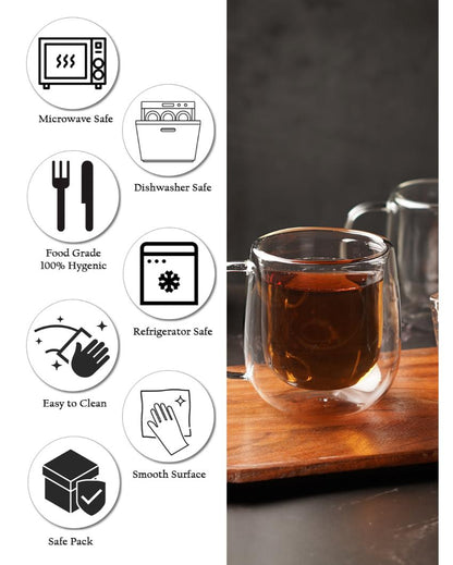 Stylish Double Wall Transparent Glass Mugs | Set of 2 | 220ml