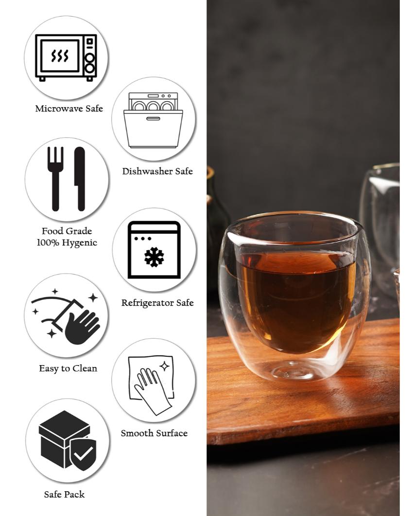 Modern Double Wall Transparent Glass Mugs | Set of 2 | 200ml