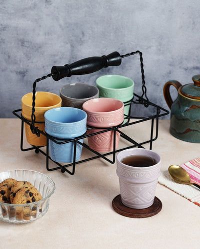 Traditional Multi Colored Terracotta Kullar With Stand | Set of 6 | 160ml
