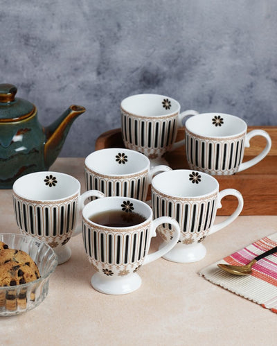 Charming Ceramic White Floral Designed Mugs | Set of 6 | 180ml