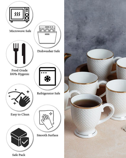 Ornate Golden Line Embossed Ceramic Mugs | Set of 6 | 180ml